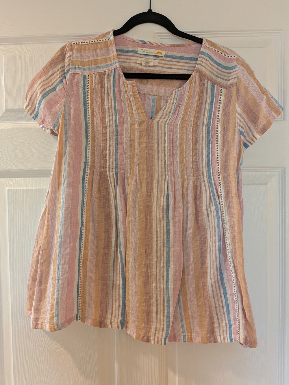 C&C California Pastel Striped V-Neck Short Sleeve Linen Top